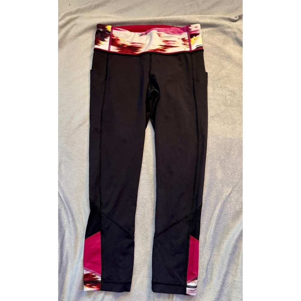 Lululemon‎ Cropped Leggings Women Size 4 Black Pink Abstract Pockets